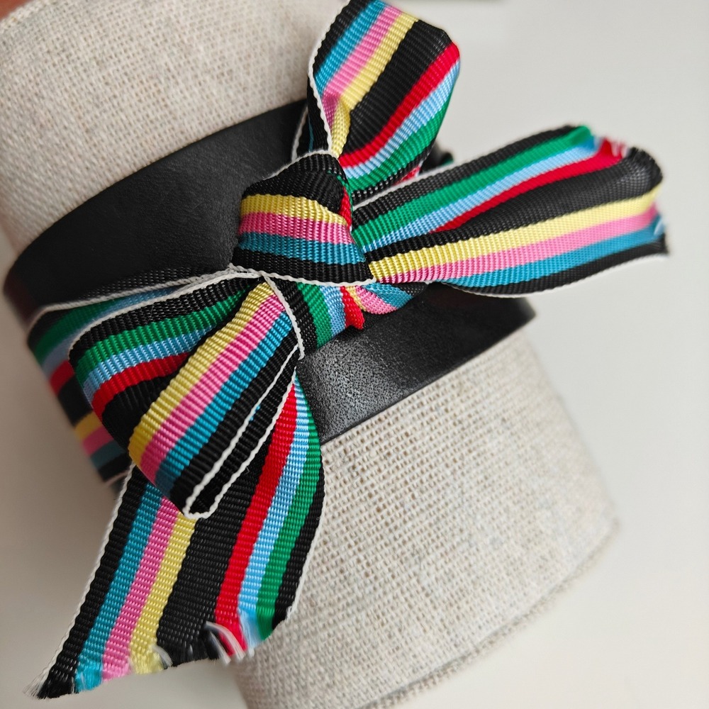 A.V. Max NYC Black Faux Leather Cuff Bracelet Multi Color Striped Ribbon Bow